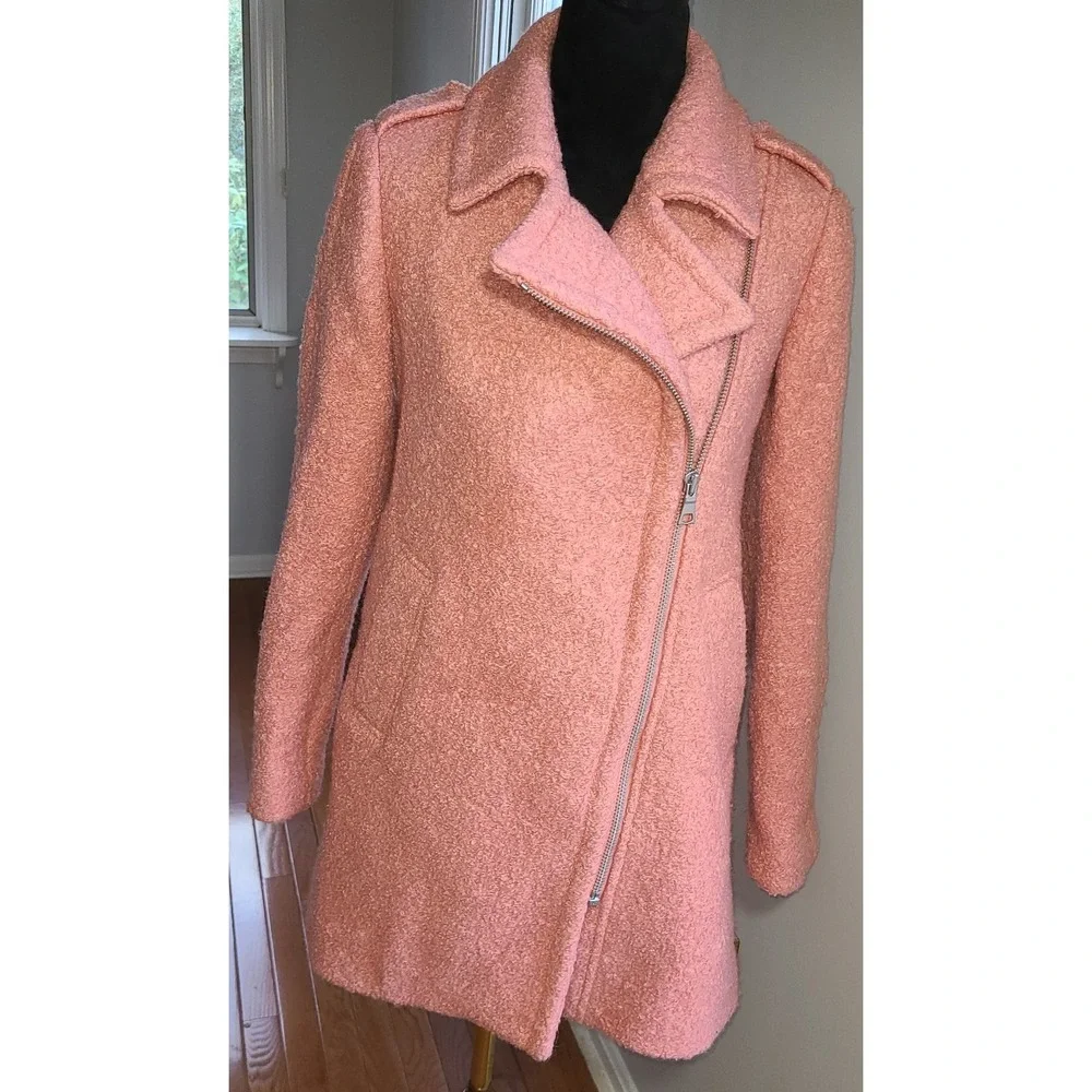 NWOT LOFT Marled Moto‎ Wooly Pea coat Size XS Pink Side zipper shoulder lapels